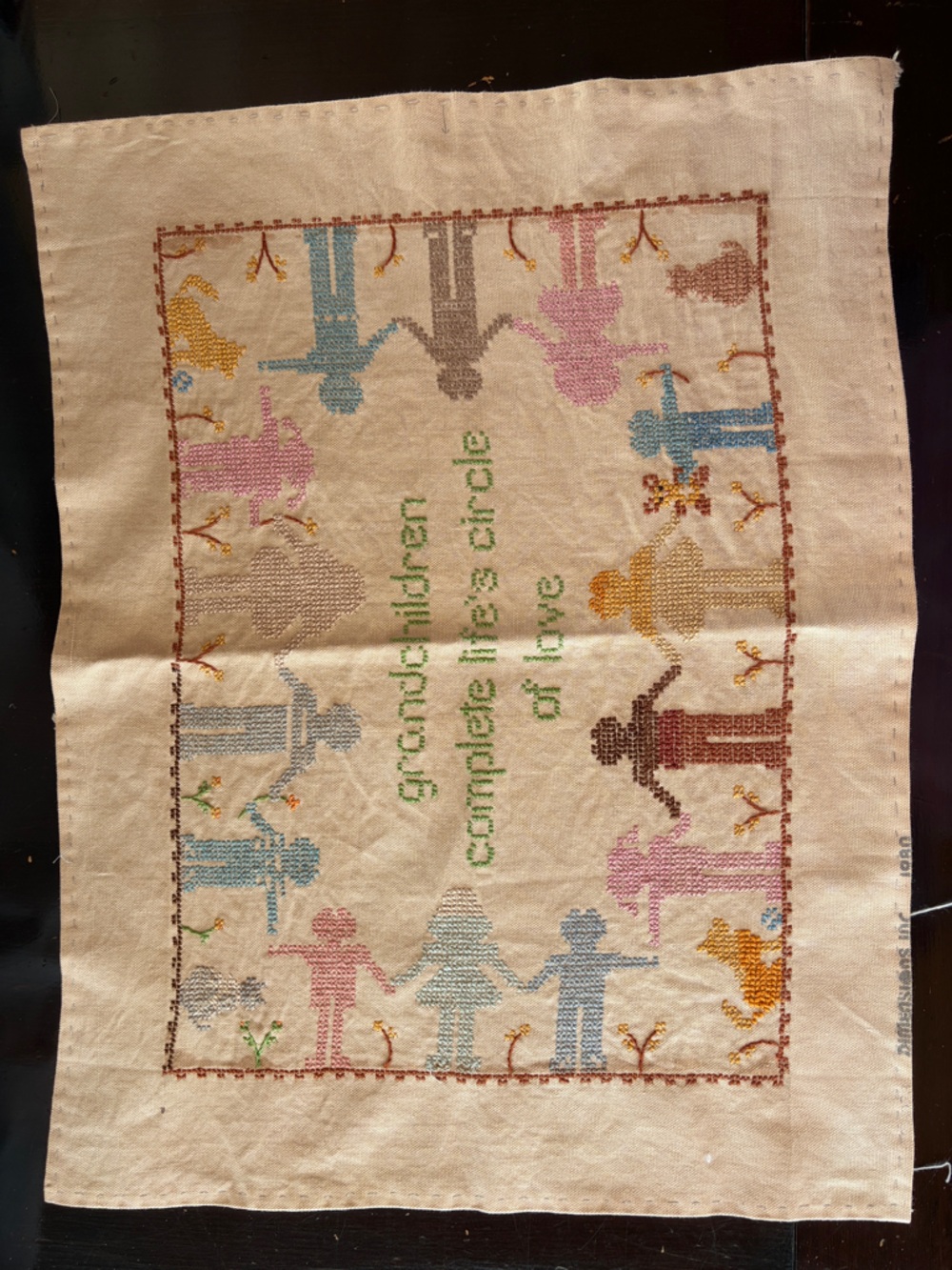 Vintage Multicolor Cross Stitch 'Grandchildren' Wall Sampler